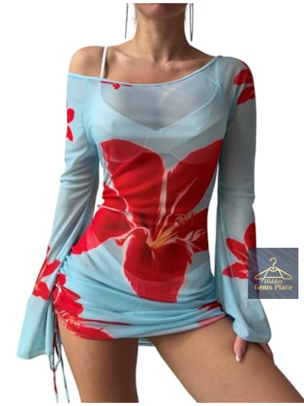 Off Shoulder Mesh Swim Cover Up Dress Hollow Crochet Drawstring Beach